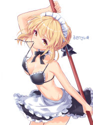 Rule 34 | 1girl, apron, arm up, artist name, artoria pendragon (alter swimsuit rider) (fate), artoria pendragon (alter swimsuit rider) (second ascension) (fate), artoria pendragon (fate), bare shoulders, bikini, bikini top only, black jacket, black ribbon, black skirt, blonde hair, blush, breasts, cleavage, collarbone, cowboy shot, fate/grand order, fate (series), frilled apron, frilled bikini, frilled bikini top, frills, holding, holding staff, jacket, long sleeves, looking at viewer, maid, maid bikini, maid headdress, medium breasts, mouth hold, neck ribbon, off shoulder, open clothes, open jacket, ribbon, short hair, sidelocks, simple background, skirt, solo, staff, standing, swimsuit, unconventional maid, untied bikini, waist apron, white apron, white background, yellow eyes, zenyu