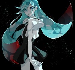 Rule 34 | 1other, 8zikan netai, alexandrite (houseki no kuni), androgynous, aqua hair, black background, black necktie, black skirt, blue eyes, blue hair, blue nails, colored skin, commentary request, eyes visible through hair, from behind, gem uniform (houseki no kuni), hair between eyes, hand on own chest, highres, houseki no kuni, long hair, looking at viewer, looking back, multicolored hair, nail polish, necktie, neckwear request, other focus, pale skin, parted lips, red hair, shirt, short sleeves, simple background, skirt, solo, sparkle, standing, surprised, thick eyebrows, two-tone hair, uniform, very long hair, white shirt, white skin