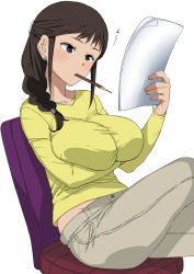 Rule 34 | 10s, 1girl, black hair, braid, breast hold, breasts, brown eyes, crossed legs, earrings, hair ornament, hair over shoulder, hairclip, huge breasts, jewelry, komusou (jinrikisha), long hair, mouth hold, pants, pencil, reading, segawa misato, shirobako, simple background, single braid, sitting, solo, stud earrings, sweater, taut clothes