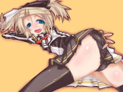 Rule 34 | 1girl, ass, bad id, bad pixiv id, black panties, blonde hair, blue eyes, blush, cropped jacket, dress, hair ornament, hairclip, hand on own ass, ass, kagamine rin, kagamine rin (roshin yuukai), nose blush, open mouth, panties, pleated dress, reactor (module), roshin yuukai (vocaloid), short twintails, swept bangs, tagme, thighhighs, twintails, two-tone bow, two-tone dress, underwear, vocaloid