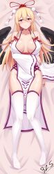 Rule 34 | 1girl, absurdres, arm across waist, arm at side, blonde hair, blush, breasts, cleavage, closed mouth, dakimakura (medium), groin, hair between eyes, hair ribbon, hat, highres, hip focus, kourindou tengu costume, large breasts, looking at viewer, lying, no panties, on back, outline, pelvic curtain, pointy ears, pom pom (clothes), purple trim, red hat, red ribbon, ribbon, ribbon-trimmed sleeves, ribbon trim, shiny skin, sidelocks, signature, skindentation, smile, solo, straight-on, tengu, thighhighs, thighs, tokin hat, touhou, tress ribbon, trigram, white thighhighs, wide sleeves, wings, wuwusan, yakumo yukari