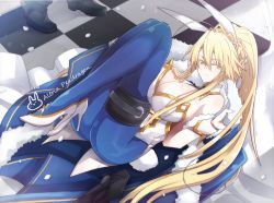 Rule 34 | 1boy, 1girl, agravain (fate), ahoge, animal ears, artoria pendragon (all), artoria pendragon (fate), artoria pendragon (swimsuit ruler) (fate), bare shoulders, blonde hair, blue cape, blue pantyhose, braid, breasts, cape, character name, checkered floor, cleavage, closed mouth, detached collar, fake animal ears, fate/grand order, fate (series), feather boa, fishnet pantyhose, fishnets, french braid, fur-trimmed cape, fur trim, green eyes, hair between eyes, high heels, highleg, highleg leotard, holster, large breasts, legs, legs up, leotard, light smile, long hair, looking at viewer, lying, nogi (acclima), on back, out of frame, pantyhose, playboy bunny, ponytail, rabbit ears, sidelocks, solo focus, thigh strap, tiara, white footwear, white leotard, wrist cuffs