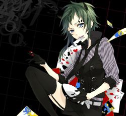 Rule 34 | 1girl, blue eyes, card, facepaint, facial mark, female focus, formal, garter straps, gloves, green hair, gumi, horns, kyo zip, mouth hold, necktie, playing card, poker face (vocaloid), short hair, shorts, solo, suit, thighhighs, vocaloid