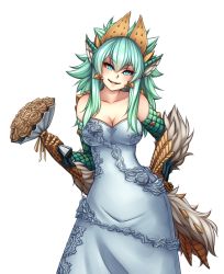 Rule 34 | 1girl, animal ears, aqua eyes, bare shoulders, bouquet, breasts, cleavage, dress, flower, fur, green hair, hand on own hip, head tilt, large breasts, looking at viewer, monorus, monster girl, monster hunter (series), personification, scales, simple background, slit pupils, smile, solo, spiked hair, tail, wedding dress, white background, white dress, zinogre