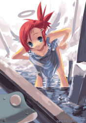 Rule 34 | 1girl, angel wings, bare legs, bare shoulders, blue dress, blush, collarbone, dated, downblouse, dress, flat chest, floating, floating object, hair ornament, hairclip, halo, hands on own hips, leaning forward, looking at viewer, original, partially submerged, pond, red hair, ruins, sango (53box), side ponytail, solo, standing, wading, water, wet, wet clothes, wet dress, wings