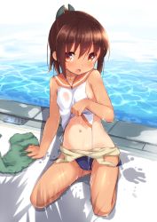 Rule 34 | 10s, 1girl, :o, bare shoulders, blush, brown eyes, brown hair, clothes pull, i-401 (kancolle), kantai collection, looking at viewer, mokoke, navel, one-piece swimsuit, one-piece swimsuit pull, one-piece tan, open mouth, personification, ponytail, pool, poolside, sailor collar, school swimsuit, school uniform, seiza, short hair, short ponytail, sitting, solo, swimsuit, tan, tanline, towel, undressing, water, wet, wet clothes