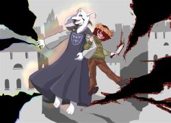Rule 34 | androgynous, asriel dreemurr, brown hair, chara (undertale), claws, dagger, evil grin, evil smile, fangs, furry, gender request, grin, heart, heart necklace, highres, holding, holding weapon, horns, jewelry, knife, locked arms, necklace, opasniy keksik, otohime (vk99422998), pants, shoe soles, shoes, short hair, smile, sneakers, spoilers, tabard, teeth, undertale, weapon, yellow eyes