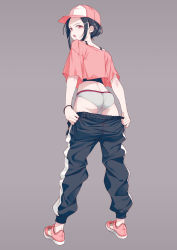 Rule 34 | 1girl, 40hara, :o, annoyed, ass, black hair, black pants, clothes pull, from behind, full body, glaring, grey background, grey panties, highres, open mouth, original, panties, pants, pants pull, pink footwear, pink headwear, pink shirt, red eyes, shirt, shoes, short sleeves, simple background, solo, standing, underwear