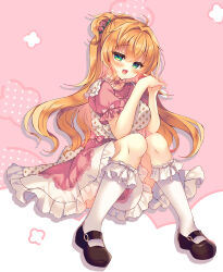 Rule 34 | 1girl, :d, ahoge, black footwear, blush, breasts, commentary request, fang, flower, frilled skirt, frilled socks, frills, full body, green eyes, hair between eyes, hair flower, hair intakes, hair ornament, hands up, interlocked fingers, kneehighs, knees together feet apart, knees up, large breasts, looking at viewer, open mouth, orange hair, original, own hands together, pink background, pink flower, pink skirt, polka dot, shirt, shoes, skirt, smile, socks, solo, suzunone rena, two-tone background, white background, white shirt, white socks