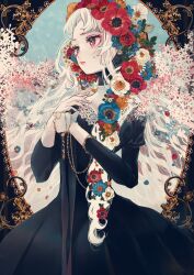 Rule 34 | 1girl, black dress, black ribbon, blue flower, breasts, brown eyes, dress, flower, hair flower, hair ornament, hand on own chest, head tilt, highres, holding, holding ribbon, jewelry, juliet sleeves, long hair, long sleeves, mamakirasnc, mirror, original, parted bangs, pink flower, puffy sleeves, red flower, ribbon, small breasts, solo, too many flowers, very long hair, white hair, worried, yellow flower