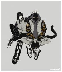 Rule 34 | 2boys, bandaid, bandaid on face, bandaid on nose, baseball cap, black eyes, black footwear, black fur, black hair, black headwear, black pants, body fur, cat boy, cat tail, claws, closed eyes, closed mouth, colored sclera, cross-laced footwear, crossed ankles, denim, eyes in shadow, facing another, full body, furry, furry female, furry male, grey background, grey hoodie, grey jacket, hand in pocket, hand on another&#039;s head, hat, hood, hood up, hoodie, jacket, jeans, jewelry, knee up, letterman jacket, long hair, looking at viewer, male focus, multiple boys, nagabe, original, pants, ring, shoes, sidelocks, signature, skateboard, sneakers, spot color, tail, white footwear, white pants, yellow sclera