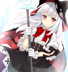 Rule 34 | 1girl, azur lane, belt, belt buckle, black cape, black skirt, blunt bangs, blush, bow, bowtie, brown belt, buckle, cape, center frills, cloak, closed mouth, commentary request, dutch angle, erebus (azur lane), frilled gloves, frills, gloves, holding, hood, horns, long hair, looking at viewer, maccha, multiple belts, polearm, puffy short sleeves, puffy sleeves, red bow, red bowtie, red eyes, shirt, short sleeves, skirt, solo, torn cloak, torn clothes, trident, weapon, white gloves, white hair, white shirt