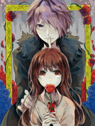 Rule 34 | 1boy, 1girl, blue flower, blue rose, brown hair, closed mouth, coat, collared shirt, finger to mouth, flower, framed, fur-trimmed coat, fur trim, garry (ib), hair over one eye, hand on another&#039;s shoulder, holding, holding flower, ib (ib), ib (kouri), long hair, painting (object), plant, purple eyes, purple hair, red eyes, red flower, red neckwear, red rose, rose, shirt, short hair, smile, thorns, vines, wonoco0916