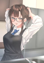 Rule 34 | 1girl, apron, blush, breasts, glasses, highres, large breasts, looking at viewer, original, school uniform, yoshiki 3821