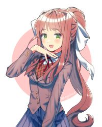 Rule 34 | 1girl, :d, aegissanp, artist name, blazer, blush, brown hair, collared shirt, commentary, doki doki literature club, english commentary, green eyes, hair intakes, hair ribbon, hand on own chin, hand up, highres, jacket, long hair, long sleeves, looking at viewer, monika (doki doki literature club), neck ribbon, open mouth, pleated skirt, ponytail, ribbon, school uniform, shirt, skirt, smile, solo, sweater vest, very long hair