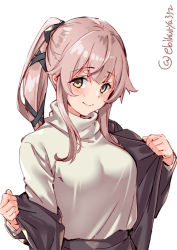 Rule 34 | 1girl, alternate costume, blush, breasts, casual, ebifurya, from side, green eyes, hair flaps, hair ribbon, highres, jacket, kantai collection, large breasts, long hair, looking at viewer, pink hair, ponytail, removing coat, ribbon, simple background, smile, solo, sweater, upper body, very long hair, white background, white sweater, yellow eyes, yura (kancolle)