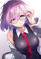 Rule 34 | 1girl, bad id, bad pixiv id, black-framed eyewear, black dress, dress, fate/grand order, fate (series), glasses, grey jacket, highres, jacket, kise itsuki, long sleeves, looking at viewer, mash kyrielight, necktie, off shoulder, open clothes, open jacket, purple eyes, purple hair, red necktie, short hair, sleeveless, sleeveless dress, smile, solo, upper body
