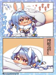 Rule 34 | 1girl, 1other, 2koma, anger vein, angry, animal ears, arms up, blue hair, blush, brown eyes, carrot hair ornament, chibi, comic, commentary request, food-themed hair ornament, frown, gloves, hair ornament, harumina mau, headpat, heart, highres, hololive, long hair, mini person, minigirl, outstretched arms, rabbit ears, size difference, spoken anger vein, spread arms, thick eyebrows, translation request, twitter username, usada pekora, usada pekora (1st costume), v-shaped eyebrows, virtual youtuber, white gloves