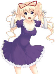Rule 34 | 1girl, aged down, alternate hairstyle, blonde hair, dress, elbow gloves, female focus, gloves, hair ribbon, hiroya juuren, holding, holding hair, long hair, no headwear, puffy short sleeves, puffy sleeves, purple dress, purple eyes, ribbon, short sleeves, simple background, solo, touhou, twintails, white background, white gloves, yakumo yukari