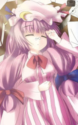 Rule 34 | 1girl, bad id, bad pixiv id, bespectacled, book, braid, crescent, crescent hat ornament, closed eyes, feathers, female focus, glasses, hat, hat ornament, ink, long hair, patchouli knowledge, pilky, purple hair, sleeping, solo, touhou
