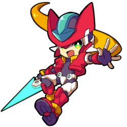 Rule 34 | armor, blonde hair, chibi, commentary request, cropped jacket, day break 02, energy sword, forehead jewel, green eyes, helmet, holding, holding sword, holding weapon, jacket, long hair, mega man (series), mega man zx, model zx (mega man), open clothes, open jacket, outstretched arms, pelvic curtain, power armor, red headwear, simple background, sword, vent (mega man), weapon, white background