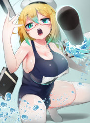 Rule 34 | 1girl, bare shoulders, blonde hair, blue one-piece swimsuit, blush, book, breasts, cleavage, collarbone, dai yasude, glasses, green eyes, hat, i-8 (kancolle), kantai collection, large breasts, long hair, looking at viewer, low twintails, name tag, one-piece swimsuit, open mouth, red-framed eyewear, sailor hat, school swimsuit, semi-rimless eyewear, squatting, swimsuit, thighhighs, thighs, torpedo, twintails, under-rim eyewear, water drop, white thighhighs