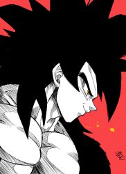 Rule 34 | 1boy, absurdres, black hair, body fur, commentary request, dragon ball, dragonball z, fusion, gogeta, highres, liedein, male focus, muscular, muscular male, pectorals, red background, smile, solo, spiked hair, super saiyan, yellow eyes