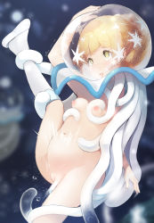 Rule 34 | 1girl, amekosame, arm up, bar censor, blonde hair, blunt bangs, blurry, blurry background, breasts, censored, creatures (company), game freak, gen 7 pokemon, grabbing, grabbing another&#039;s breast, green eyes, heart, heart-shaped pupils, inflation, kneehighs, leg up, lillie (pokemon), liquid, long hair, nihilego, nintendo, nipples, nude, pokemon, pokemon (creature), pokemon sm, pokephilia, ponytail, pussy, pussy juice, shoes, small breasts, socks, spread legs, standing, standing on one leg, symbol-shaped pupils, tentacles, tongue, tongue out, transparent, ultra beast, vaginal, white footwear, white socks