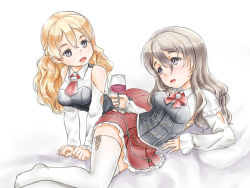 Rule 34 | 10s, 2girls, 342 (artist), alcohol, all fours, black eyes, brown hair, cup, drinking glass, grey hair, half updo, kantai collection, long hair, lying, multiple girls, on side, pola (kancolle), thighhighs, wavy hair, wine, wine glass, zara (kancolle)