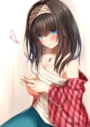 Rule 34 | 10s, 1girl, absurdres, bare shoulders, black hair, blue eyes, blush, breasts, go-1, hairband, heart, highres, idolmaster, idolmaster cinderella girls, jewelry, knitting, long hair, necklace, off-shoulder, off-shoulder sweater, pendant, plaid, ribbed sweater, sagisawa fumika, shawl, sketch, solo, sweater