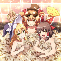 Rule 34 | 3girls, banknote, blonde hair, bow, brown hair, comiket 103, drill hair, eyewear on head, frilled bow, frills, green eyes, grin, hakurei reimu, hand fan, hat, hat bow, holding, holding fan, holding money, jeno, kirisame marisa, looking at viewer, meme, mini hat, mini top hat, money, money bath, multiple girls, open mouth, orange hair, red bow, round eyewear, smile, teeth, tongue, tongue out, top hat, touhou, twin drills, upper body, witch hat, yorigami jo&#039;on