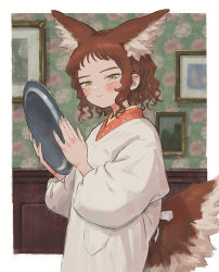Rule 34 | 1girl, animal ear fluff, animal ears, blush, bolero (bo le ro66), border, closed mouth, green eyes, green nails, highres, holding, holding plate, indoors, mole, mole under eye, nail polish, original, patterned, picture frame, plate, short hair, smile, solo, tail, white border