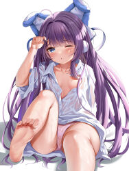 Rule 34 | 1girl, absurdres, ahoge, animal ears, arm up, azur lane, barefoot, blue eyes, blunt bangs, blush, breasts, cameltoe, collarbone, dress shirt, fake animal ears, foot out of frame, hair censor, hair intakes, highres, holding, holding hair, knee up, kokuto (kurousagi1210), long hair, long sleeves, looking at viewer, naked shirt, official alternate costume, one eye closed, panties, parted lips, partially unbuttoned, pink panties, purple hair, see-through, shirt, simple background, sitting, sleeves pushed up, small breasts, soles, solo, tashkent (azur lane), tashkent (the blue snoozer) (azur lane), toes, underwear, very long hair, wet, wet clothes, white background, white shirt