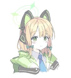 Rule 34 | 1girl, animal ear headphones, animal ears, blonde hair, blue archive, blue necktie, blush, closed mouth, collared shirt, fake animal ears, green eyes, green halo, halo, headphones, jacket, looking at viewer, midori (blue archive), necktie, sanz zzz, shirt, short hair, simple background, smile, solo, upper body, white background, white jacket, white shirt