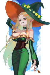 Rule 34 | 1girl, black corset, blonde hair, blue sky, border, breasts, choker, cleavage, cloud, cloudy sky, commentary, corset, dress, elf, feet out of frame, flower, frilled dress, frills, gemi ningen, green choker, green dress, green eyes, green hat, hat, hat flower, highres, large breasts, long hair, looking at viewer, off-shoulder dress, off shoulder, original, outside border, pathfinder, pointy ears, sharp teeth, sky, smile, solo, standing, teeth, white border, witch, witch hat, yellow flower