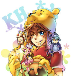 Rule 34 | 4boys, alternate costume, animal ears, arm on knee, artist name, axel (kingdom hearts), blue eyes, chibi, chibi inset, chibi on shoulder, claws, commentary, cosplay, costume, eating, eeyore, eeyore (cosplay), eguana, elbow on knee, english commentary, engrish commentary, expressionless, facial mark, fake animal ears, fake tail, floral background, floral print, food, food on body, food on face, food on head, gloves, holding honeypot, honey, honeypot, kingdom hearts, kingdom hearts ii, licking lips, male focus, medium hair, multiple boys, object on head, one eye closed, open mouth, outstretched arm, piglet (winnie the pooh), piglet (winnie the pooh) (cosplay), pooh, pooh (cosplay), rainbow background, red hair, red shirt, riku (kingdom hearts), roxas, shirt, short hair, short sleeves, sitting, smile, sora (kingdom hearts), spiked hair, standing, tail, tigger, tigger (cosplay), tongue, tongue out, white hair, winnie the pooh, yellow gloves, yellow headwear