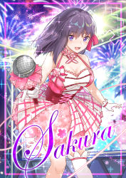 Rule 34 | 1girl, :d, absurdres, alternate costume, blush, bracelet, breasts, character name, choker, cleavage, collarbone, fate/stay night, fate (series), fireworks, floating hair, gloves, hair ribbon, highres, holding, holding microphone, huge filesize, idol, index finger raised, jewelry, kotatsu kaya, large breasts, leaning forward, long hair, looking at viewer, matou sakura, microphone, miniskirt, open mouth, pink skirt, purple eyes, purple hair, red ribbon, ribbon, single thighhigh, skirt, sleeveless, smile, solo, stage, standing, thighhighs, white gloves, white thighhighs
