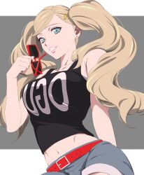 Rule 34 | 1girl, absurdres, bare arms, belt, black tank top, blonde hair, blue eyes, commentary, commentary request, unworn eyewear, grey background, grin, hair ornament, hairclip, highres, holding, holding removed eyewear, midriff, navel, persona, persona 5, red belt, smile, solo, sunglasses, takamaki anne, tank top, twintails, umenituru