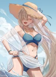 Rule 34 | 1girl, :d, ^ ^, absurdres, alternate costume, asuna (blue archive), bikini, blue archive, blue bikini, blue sky, blush, blver, breasts, brown hat, closed eyes, cloud, day, hat, highres, large breasts, navel, ocean, open mouth, sky, smile, solo, standing, swimsuit