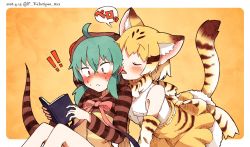 Rule 34 | !, !!, 10s, 2girls, animal ears, back bow, bad id, bad twitter id, bare legs, bare shoulders, blonde hair, blue hair, blush, book, bow, bowtie, cat ears, cat tail, check translation, commentary request, elbow gloves, enk 0822, closed eyes, full-face blush, gloves, highres, hood, hoodie, kemono friends, licking, multicolored hair, multiple girls, neck ribbon, reading, ribbon, sand cat (kemono friends), short hair, signature, skirt, snake tail, striped, surprised, tail, translation request, tsuchinoko (kemono friends), vest, yuri
