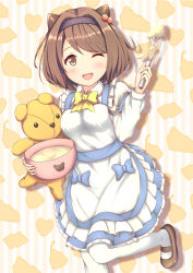 Rule 34 | 1girl, ;d, apron, batter, blue bow, blush, bow, breasts, brown footwear, brown hair, draph, granblue fantasy, hairband, heart, holding, leg up, long sleeves, looking at viewer, medium breasts, mixing bowl, one eye closed, open mouth, poru (naasan), silhouette, smile, solo, standing, striped, striped background, stuffed animal, stuffed toy, sweat bangs, swept bangs, teddy bear, vertical stripes, white apron, white legwear, yaia (granblue fantasy), yellow bow