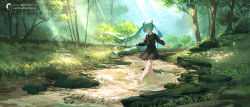 Rule 34 | 1girl, absurdres, alternate costume, aqua hair, artist name, barefoot, black sailor collar, black serafuku, black shirt, black skirt, childwolf, chinese commentary, closed eyes, closed mouth, commentary request, forest, grass, hatsune miku, highres, long hair, nature, neckerchief, outdoors, pixiv id, red neckerchief, rock, sailor collar, scenery, school uniform, serafuku, shirt, skirt, smile, solo, tree, twintails, very long hair, vocaloid, wading, water, watermark