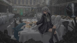 Rule 34 | 1girl, absurdres, andy2465, black footwear, black jacket, black skirt, black socks, commentary, crossed legs, cup, debris, english commentary, food, grey eyes, grey hair, hair behind ear, highres, holding, holding teapot, jacket, leather, leather jacket, light smile, mannequin, mirror, neck ribbon, open clothes, open jacket, original, outdoors, post-apocalypse, pouring, ribbon, scenery, shirt, sitting, skirt, socks, solo, stuffed animal, stuffed cat, stuffed dog, stuffed shark, stuffed toy, tea party, teacup, teapot, trash bag, urban, white shirt