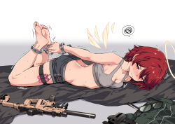 Rule 34 | 1girl, arknights, ass, bare arms, bare legs, bare shoulders, barefoot, bdsm, black shorts, bondage, bound, commentary request, crop top, cuffs, exusiai (arknights), unworn eyewear, glasses, gun, halo, handcuffs, hogtie, kataokasan, lying, midriff, on stomach, orange eyes, red hair, restrained, rifle, sex toy, short hair, short shorts, shorts, solo, spoken squiggle, sports bra, squiggle, thigh strap, thighs, vibrator, vibrator under clothes, weapon, white background