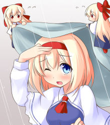 Rule 34 | 1girl, alice margatroid, ascot, blanket, blonde hair, blue dress, bow, breasts, capelet, commentary request, covering privates, dress, flying, grey background, hair between eyes, hair bow, hairband, hand on forehead, improvised umbrella, long hair, medium breasts, miyo (miyomiyo01), mundane utility, one eye closed, open mouth, rain, red ascot, red eyes, shanghai doll, short hair, simple background, solo, standing, touhou, white capelet