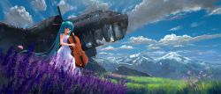 Rule 34 | 1girl, aircraft, airplane, alternate costume, aqua eyes, aqua hair, blue sky, blurry, broken, cello, closed mouth, cloud, day, depth of field, dress, eyebrows, field, fire, flag, flower, flower field, from below, grass, hatsune miku, head wreath, highres, instrument, long hair, looking at viewer, meadow, mountain, music, nature, outdoors, petals, pink flower, playing instrument, purple fire, ribbon, scenery, shade, sky, sleeveless, sleeveless dress, smile, solo, sombernight, streamers, twintails, very long hair, vocaloid, white dress, wind, wreckage