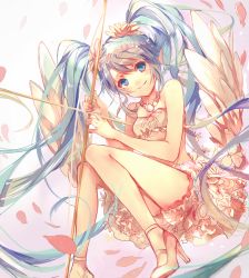 Rule 34 | 1girl, bow (weapon), cupid, hatsune miku, head wreath, high heels, highres, jewelry, long hair, necklace, no socks, run (sweettimehappy), solo, twintails, very long hair, vocaloid, weapon, wings