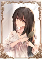 Rule 34 | 1girl, bison cangshu, blush, breasts, brown eyes, brown hair, brushing hair, character request, cleavage, closed mouth, collarbone, comb, dress, female pov, frilled sleeves, frills, grey dress, head tilt, highres, holding, holding comb, jewelry, light rays, long hair, long sleeves, medium breasts, mirror, pov, reflection, ring, smile, solo, upper body, warship girls r, wedding band