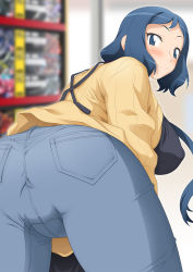 Rule 34 | 10s, 1girl, :&gt;, apron, ass, backboob, bent over, blue eyes, blue hair, blush, breasts, censored, closed mouth, covered erect nipples, denim, from behind, gundam, gundam build fighters, highres, indoors, iori rinko, jeans, large breasts, leaning forward, legs, long hair, looking back, matching hair/eyes, mature female, mosaic censoring, pants, sideboob, smile, solo, sweater, swept bangs, thighs, yellow sweater