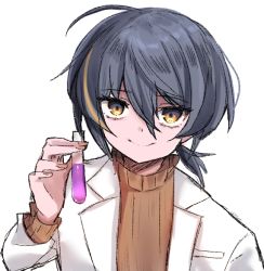 Rule 34 | 1girl, blonde hair, brown sweater, coat, grey hair, hair between eyes, holding, holding test tube, hololive, hololive english, lab coat, maru ccy, multicolored hair, smile, solo, streaked hair, sweater, test tube, turtleneck, turtleneck sweater, upper body, virtual youtuber, white background, white coat, world of darkness, yellow eyes, yuul b alwright (ninomae ina&#039;nis)
